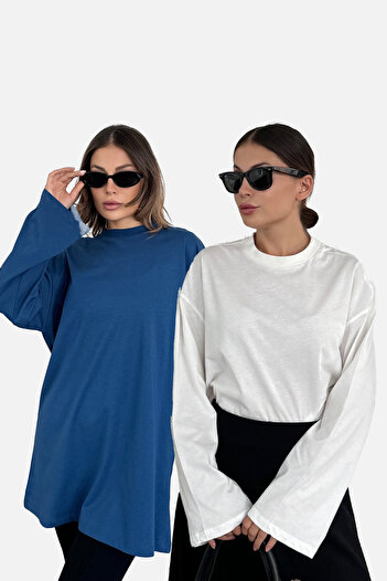 C&City Wide Sleeve Oversize 2 Pack T-Shirt 964 Ecru/Indigo