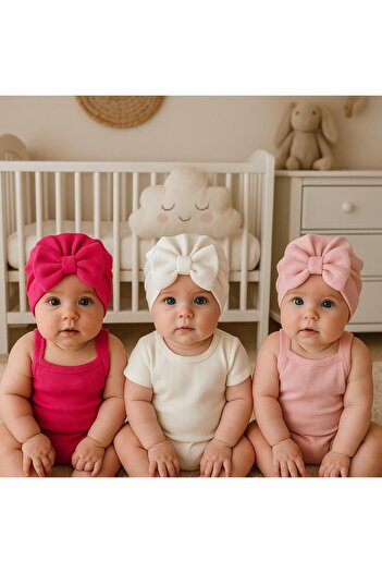 Pico Baby Σετ 3 μπονέ μωρού διπλής στρώσης με φιόγκο - Ροζ/Λευκό/Φούξια