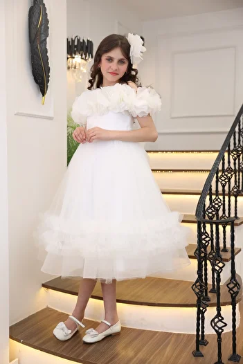 MİSS RAİN Fold-On Sleeves, Flowers, Low Shoulder, Stone Detail, Ruffle Skirt, Girl's Evening Dress