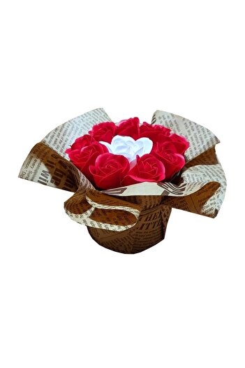 OEM Arrangement of scented soap flowers with 8 red roses and 1 large white rose, 15 cm height