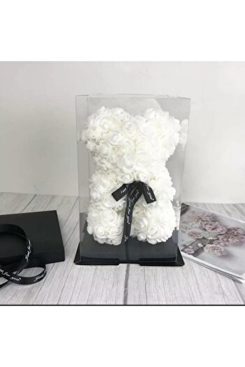 OEM Ursuleț de pluș din trandafiri din spumă, alb cu cristale, 25cm, lucrat manual, cutie transparentă