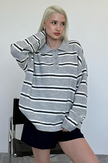 Madmext Gray Polo Collar Striped Women's Knitwear Sweater Mg2469