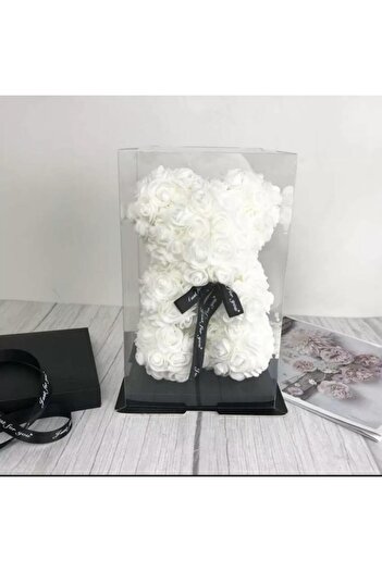 OEM Ursuleț de pluș din trandafiri din spumă, alb cu cristale, 25cm, lucrat manual, cutie transparentă