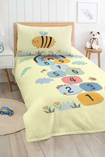 Realhomes Yellow Children's and Teenager's Room Pique Set Bedspread with Bee and Hopscotch Pattern