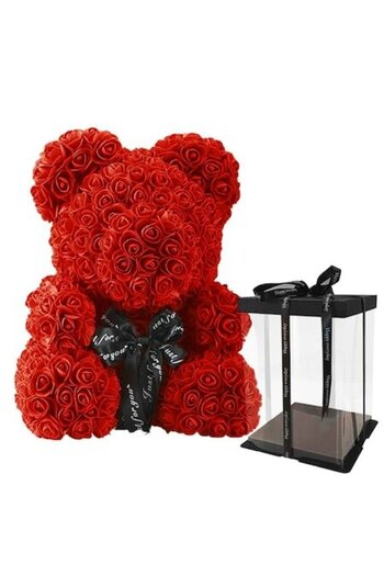 DECOS Ursuleț de pluș Rose Bear, realizat din trandafiri roșii Bordeaux, decorat manual, cutie inclusă, înălțime 25 cm