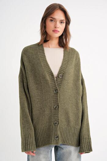 Mixray 6927 Women's Soft Textured Casual Basic Knitwear Cardigan Khaki