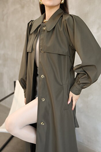 QUBERZ Women's Balloon Sleeve Rezort Collar Belted Long Trench Coat - Black / Navy Blue / Mink / Beige / Khaki