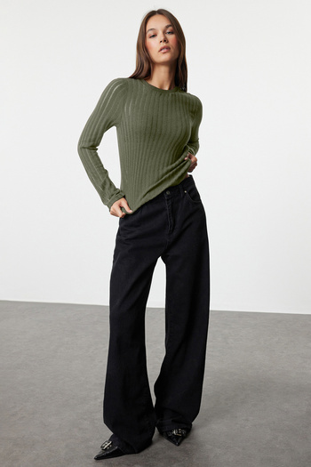 Trendyol Collection Khaki Transparent Knitwear Look Fabric Regular Size Crew Neck Knitted Blouse Twoaw24Bz00094