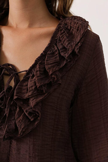 Trendyol Collection Brown Ruffled V-Neck Woven Blouse Twoaw26Bz00246