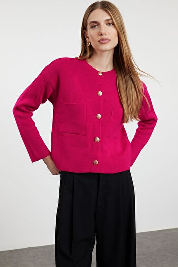 Trendyol Collection Fuchsia Button Detailed Jacket Look Knitwear Cardigan Twoaw24Hi00023
