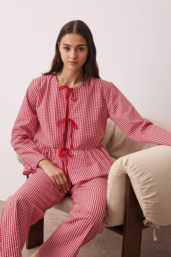 Trendyol Collection Red Plaid Tie Detail Woven Pajama Set Thmaw26Pt00026
