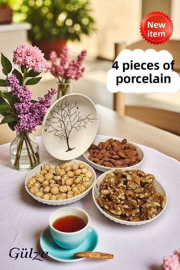 GÜLZE 4 Pieces Tree of Life Motifed Porcelain Snack Bowl-Present Bowl-Turkish Delight Bowl-Breakfast Bowl-Treats (13 cm Diameter)