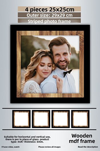 bymat 4 Pieces 25X25 Frame - Black-Wood Striped Photo Frame - Mdf Frame - Square Frame