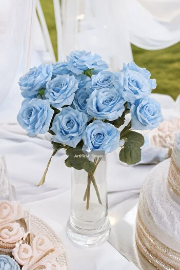 Yapay Çiçek Deposu Artificial Flower 7 Branched Puket Rose Bunch 40 cm Light Blue