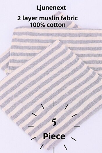jn junenext 5 Pieces Gray Striped Muslin Baby Mouth Wipes 100% Cotton Double Layer Muslin