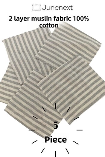 jn junenext 5 Pieces Gray Striped Muslin Baby Mouth Wipes 100% Cotton Double Layer Muslin