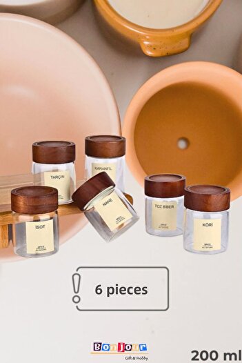 Bonjour Gift & Hobby Set of 6 Spice Jars Round Glass Jars with Acacia Lids 200ml (16 Labels)