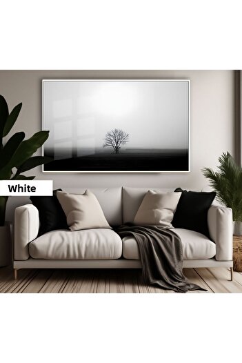 Harikabirev Amazing | Black&White Color Alone Tree Model | Framed Tempered Glass Table Single Horizontal