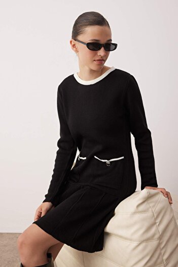 Trendyol Collection Black Color Block Extra Short / Super Mini Knitwear Dress Twoaw26El00108