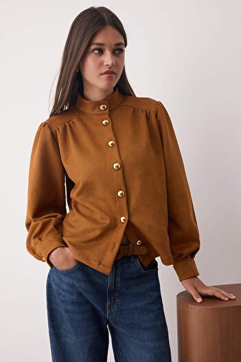 Trendyol Collection Camel Button Detailed Suede Thin Shirt Jacket Twoaw26Ce00030