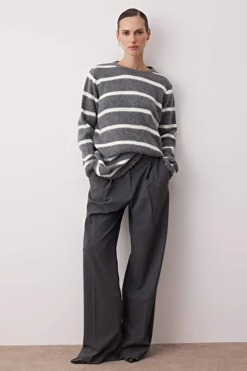 Trendyol Modest Anthracite Striped Furry Knitwear Sweater Tctaw26Ak00004