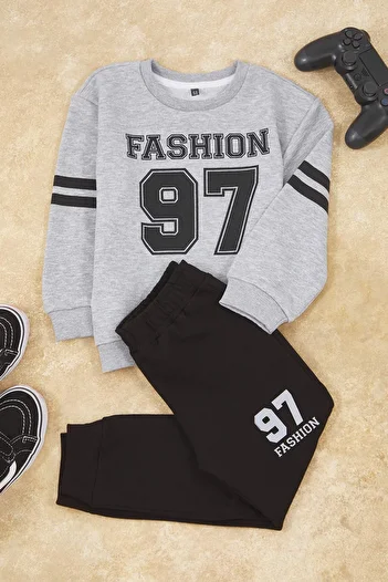 TRENDYOLKIDS Gray Cotton Slogan Printed Boys Knitted Sweatshirt and Sweatpants Bottom-Top Set Tkdaw25Au00066