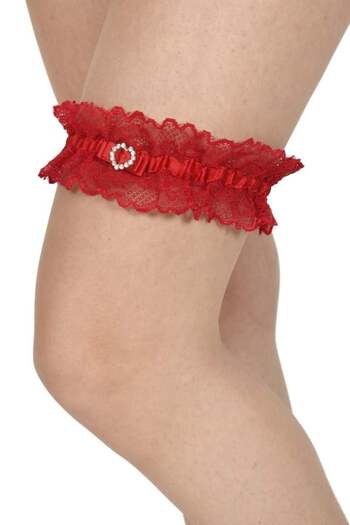 Lemila Lace garter, with heart accessory, red
