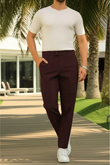 hello7 Burgundy Straight Cut Men's Smart Casual Trousers