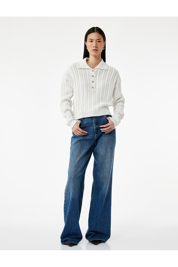Koton Regular Fit Long Sleeve Button Hair Knit Polo Neck Sweater