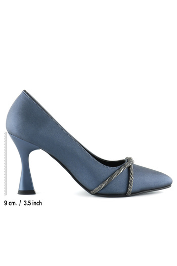 Erkan Saçmacı Abby Navy Blue Satin Burmese Stone Pointed Toe Goblet Heeled Evening Dress Shoes
