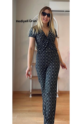 fidoş Women's Top and Bottom Set Crop Blouse with Chest Drawstring Detail and Elastic Waist Trousers