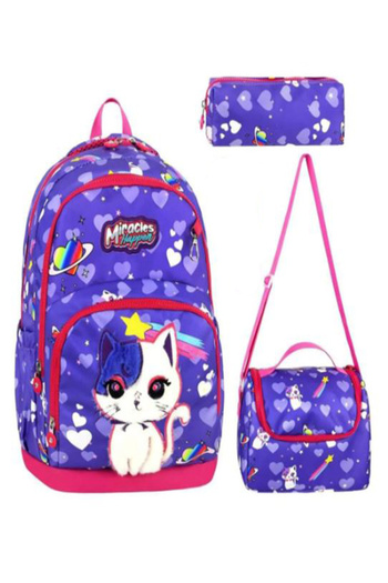 İPEK KİDS İpek Kids 3 Piece Primary School Bag with Cat - Feeding and Pen Holder with Thermos Feature
