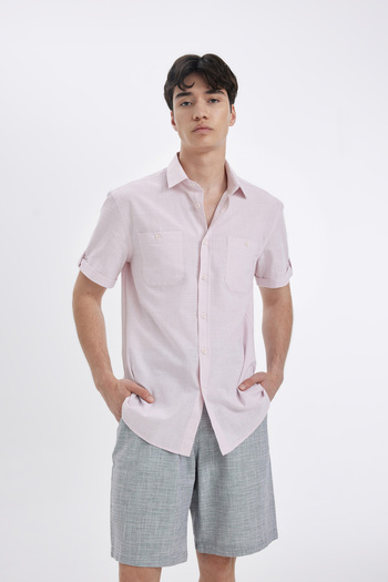 DeFacto Slim Fit Slim Fit Polo Neck Linen Look Short Sleeve Shirt N9073Az24Sm