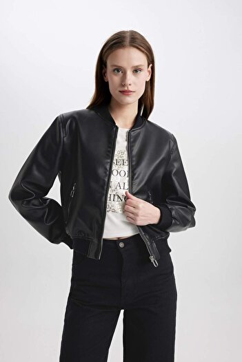 DeFacto College Collar Plain Zipper Pocket Faux Leather Bomber Jacket C2686Ax24Au