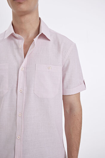 DeFacto Slim Fit Dar Kesim Yazlık Polo Yaka Keten Görünümlü Kısa Kollu Gömlek N9073AZ24SM