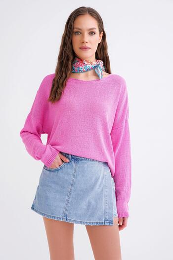 Mixray 6933 Women's Boat Neck Slim Seasonal Sweater Sweater Pink