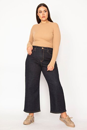 Şans Women's Plus Size Navy Blue Wide Leg High Waist 5 Pocket Lycra Jeans 65n29279