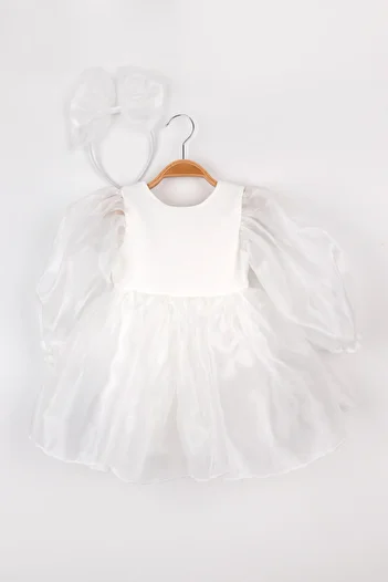 Le Mabelle Λευκό μακρυμάνικο Organza Girl's Party Dress - Sage
