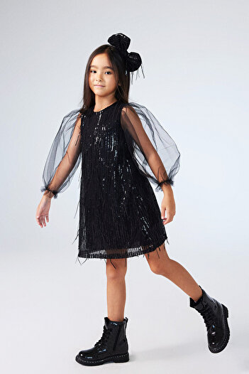 Le Mabelle Emery Girl's Dress - Black Sequin and Fringe Detail