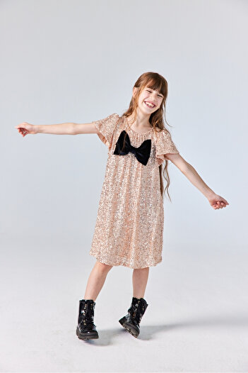 Le Mabelle Blue Sequin Textured Bow Detailed Girl's Dress - Irene