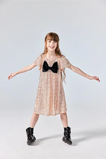 Le Mabelle Blue Sequin Textured Bow Detailed Girl's Dress - Irene