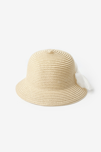 Le Mabelle Girl's Straw Bucket Hat with White Bow Detail