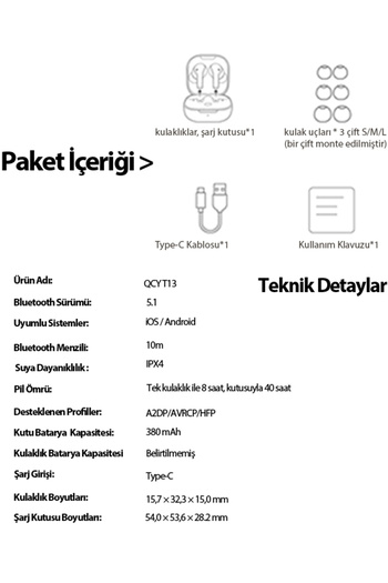 QCY T13 Anc 4 Mikrofon Bluetooth 5.3 Kablosuz Kulaklık Beyaz Aktif Gürültü Engelleyici
