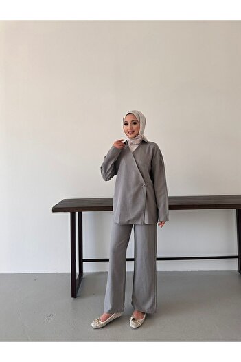 onlymoon Women's Clothing Linen Gray Tunic - Trousers Set ✦   Oversize V-Neck ❖   Comfortable Basic Daily Stylish Combination