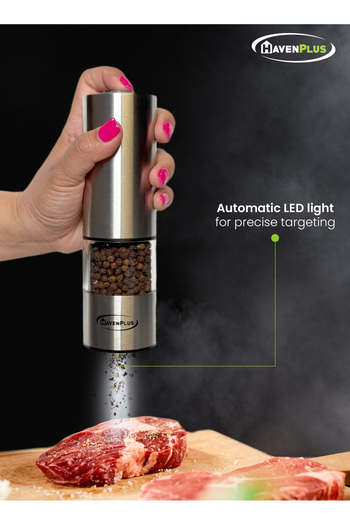 HavenPlus Electric Cordless Pepper Mill – Stainless Steel, One-Touch Grinding with LED Light