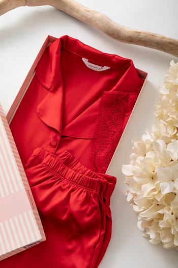 nisaNCa Luxury Boxed Satin Pajamas Set – Lace Sleeves, Long Sleeves, Korean Silk Texture, Dowry Gift Seçen