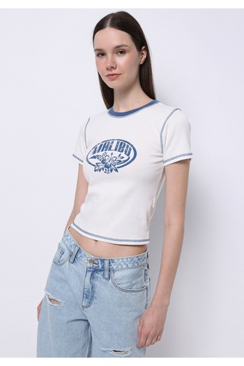 Colin's Slim Fit Round Neck Cotton Pocketless Printed Women's White Short Sleeve T-Shirt