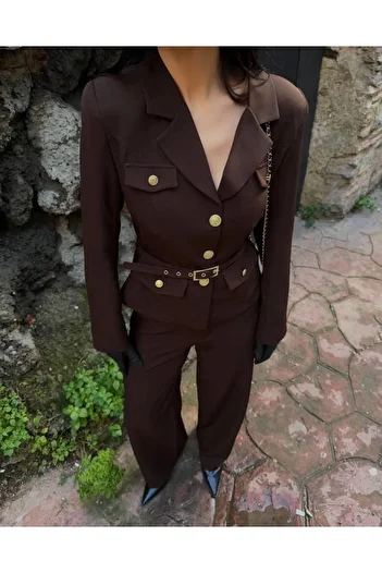 Diemmood Women's Black Belted Blazer Jacket and Pants Set