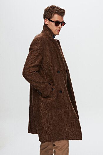 Twn Slim Fit Brown Curly Woolen Coat