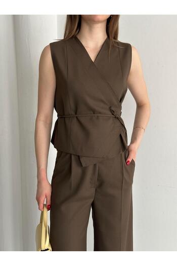 Laluvia Brown Double Breasted Collar Vest Trousers Set - 8496